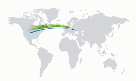 Image of Money with arrow flying fast from one continent to other on world map symbolizing speed of money transaction. Illustration on white background