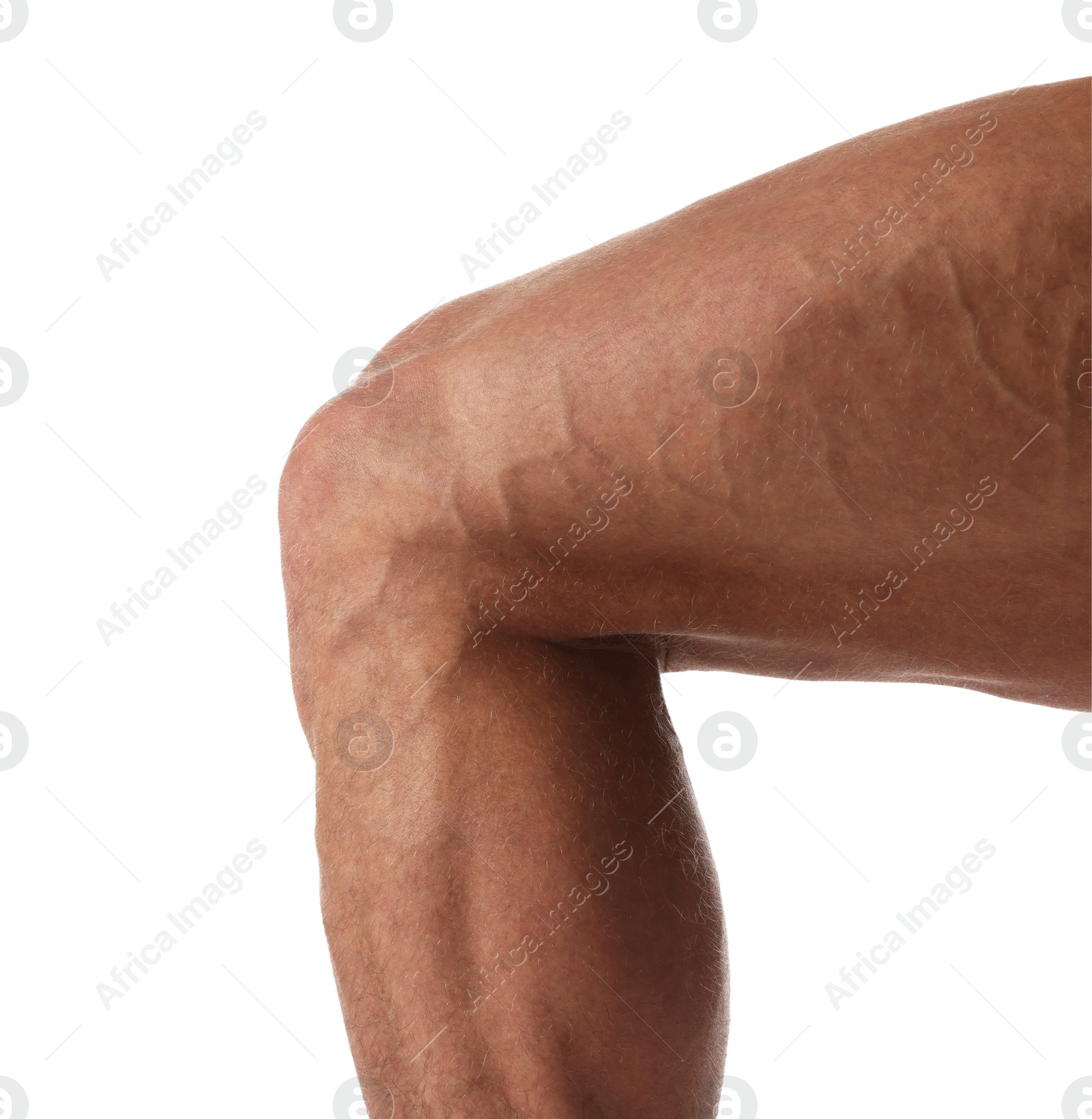 Photo of Man with muscular legs on white background, closeup