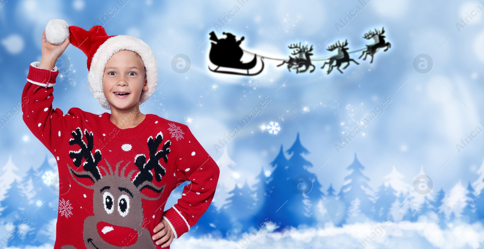 Image of Cute little child and Santa Claus flying in his sleigh against moon sky on background. Christmas celebration