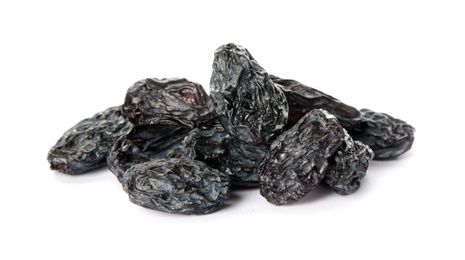 Photo of Tasty raisins on white background. Healthy dried fruit