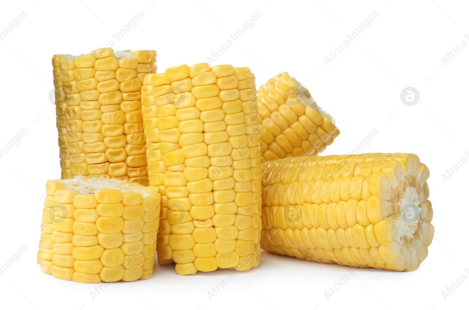 Photo of Pieces of fresh corncobs on white background