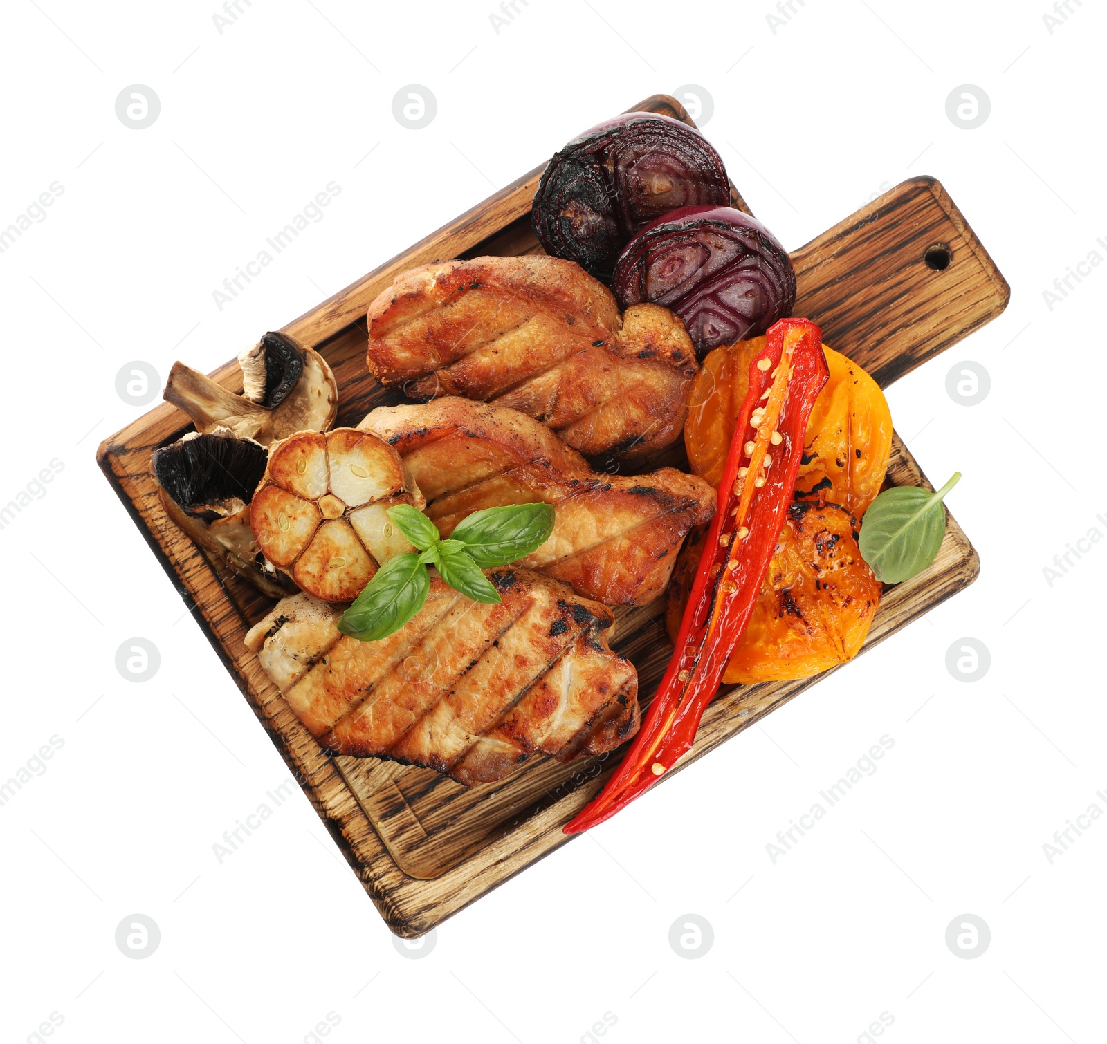 Photo of Wooden board with tasty grilled vegetables, meat and basil isolated on white, top view