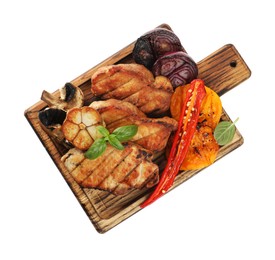 Photo of Wooden board with tasty grilled vegetables, meat and basil isolated on white, top view