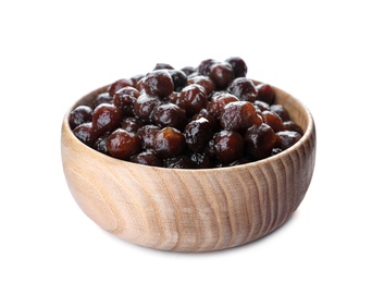 Tapioca balls for milk bubble tea in wooden bowl isolated on white