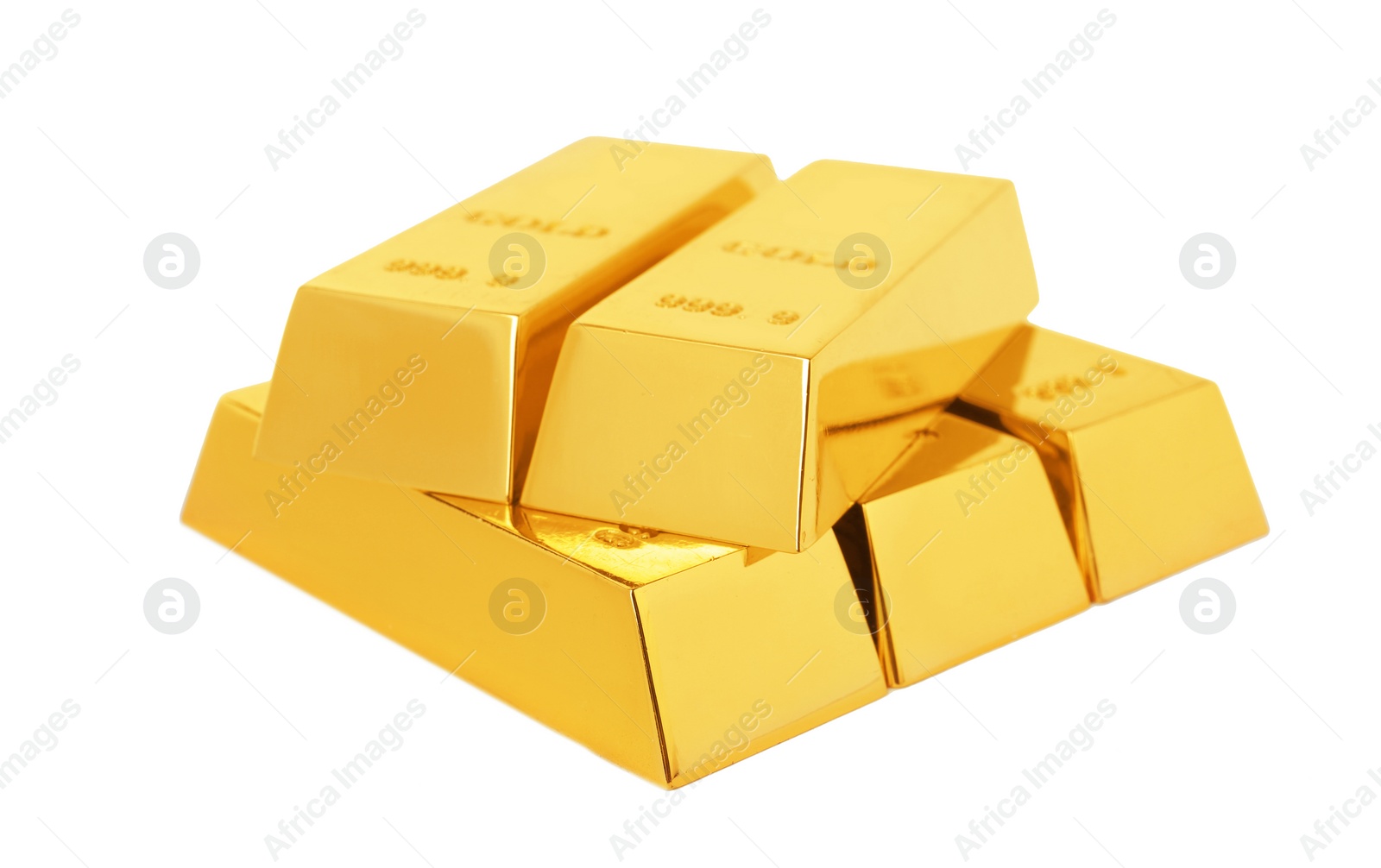 Photo of Precious shiny gold bars on white background