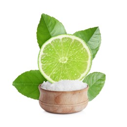 Image of Cut lime dipping into salt isolated on white. Margarita cocktail ingredients