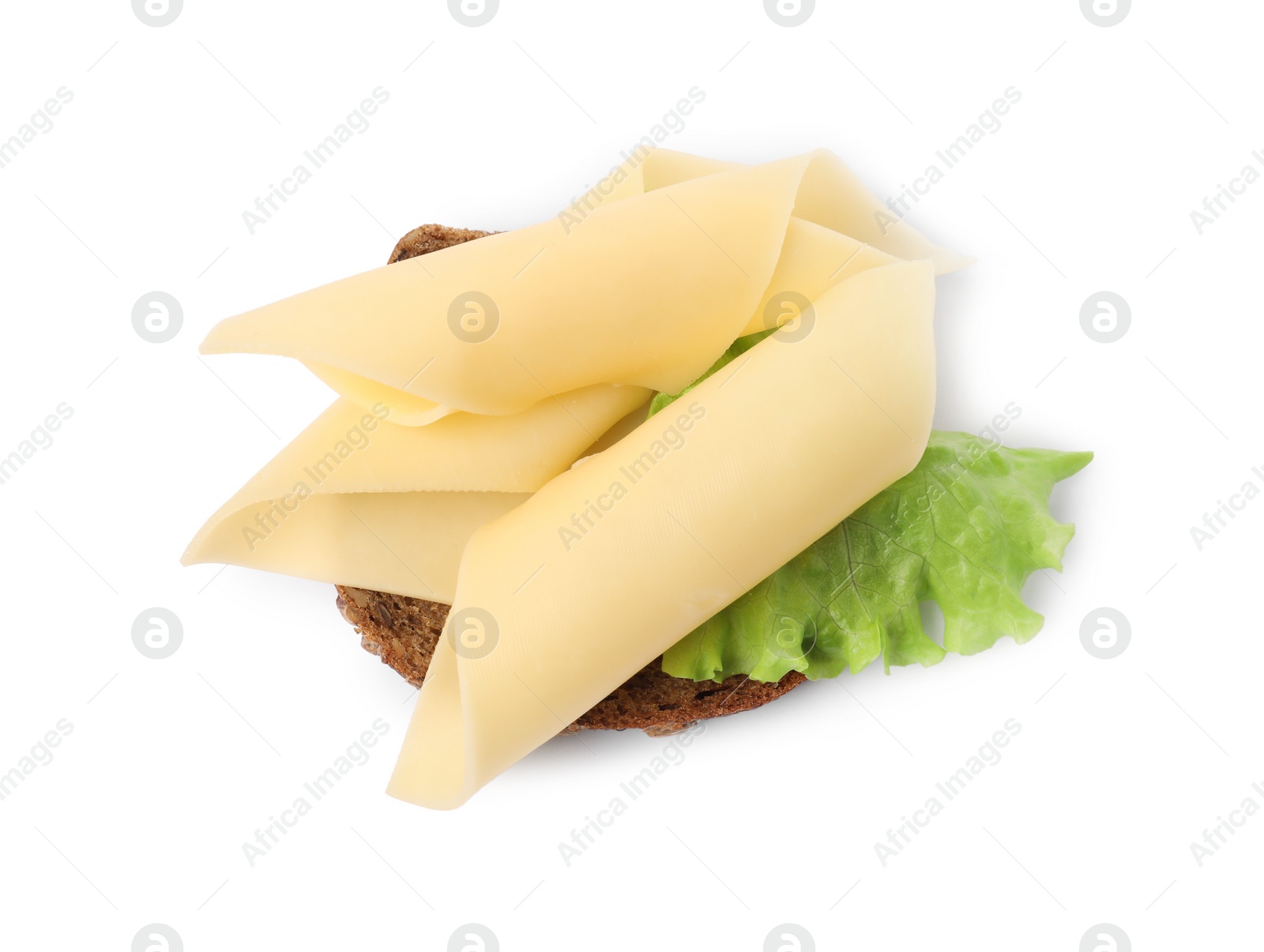 Photo of Tasty sandwich with slices of fresh cheese and lettuce isolated on white, top view