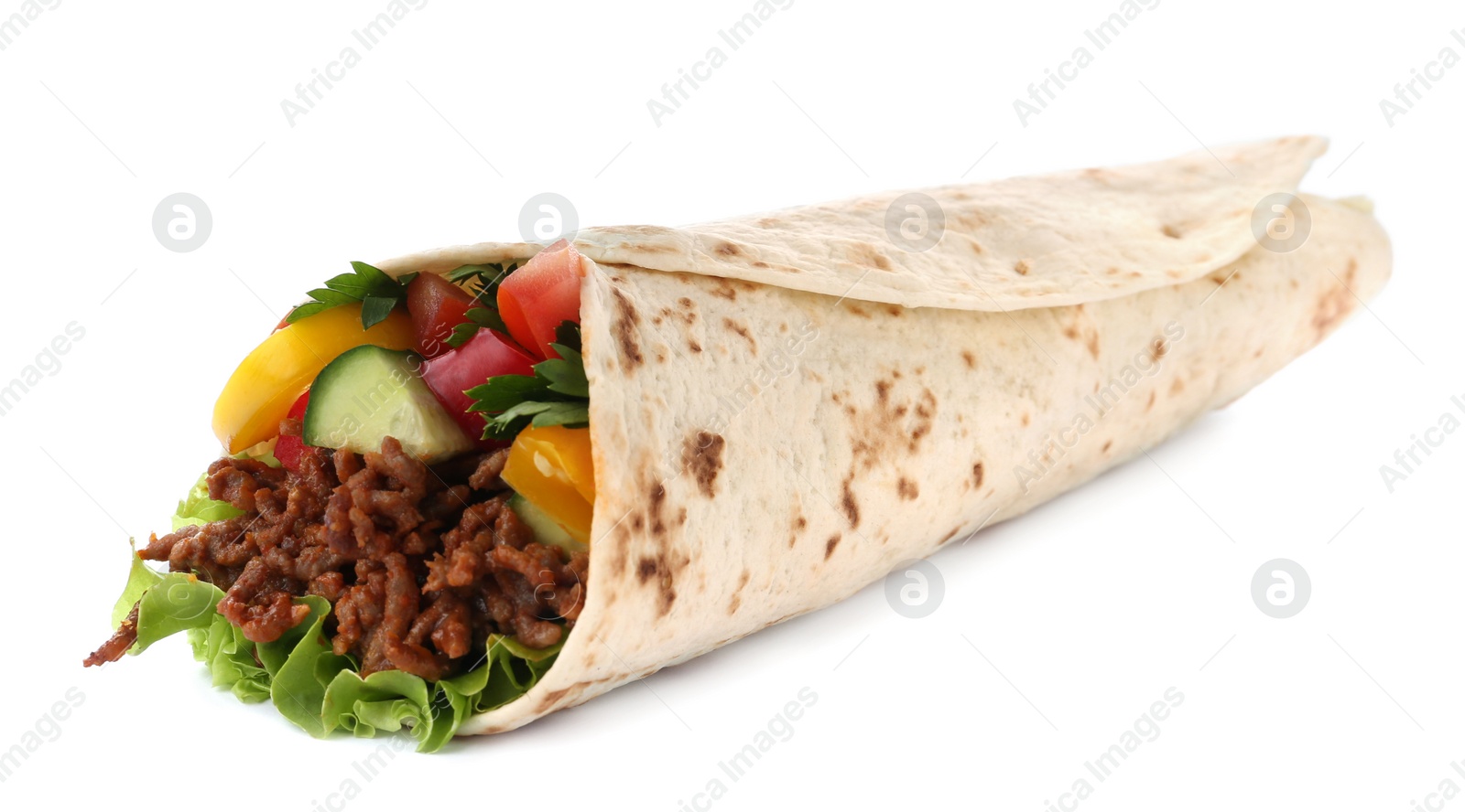 Photo of Delicious meat tortilla wrap isolated on white