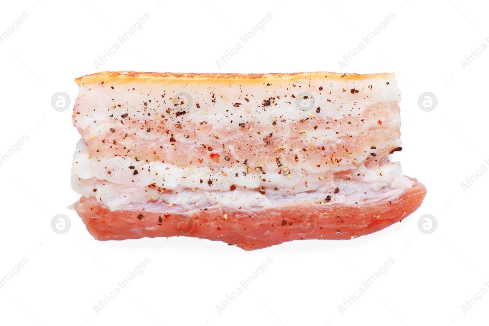 Photo of Slice of tasty pork fatback with spices isolated on white, top view