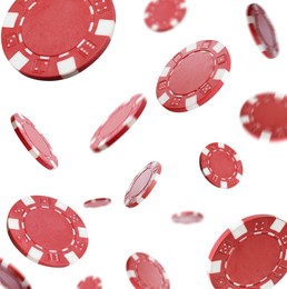 Image of Red casino chips falling on white background