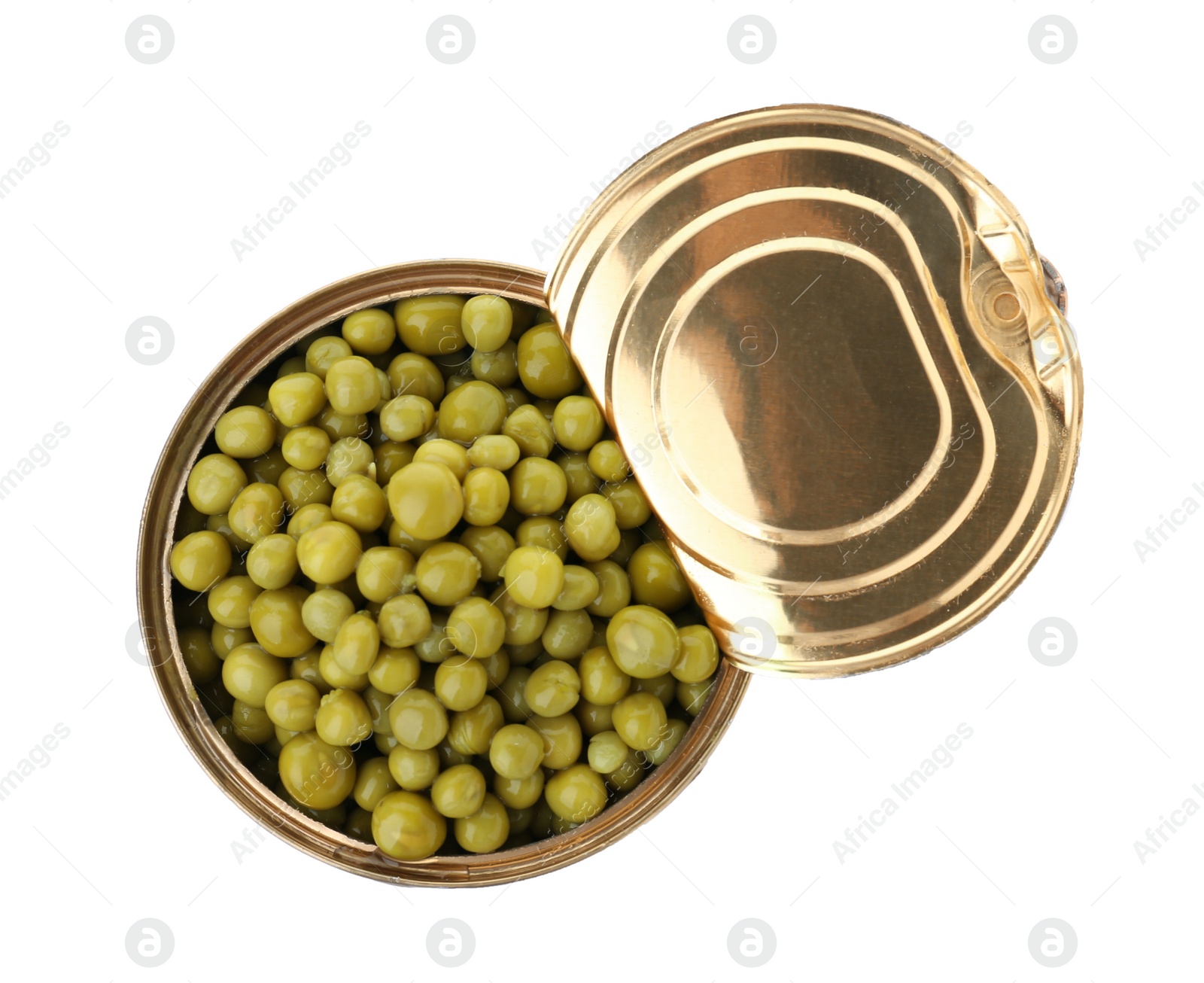 Photo of Tin can with conserved peas on white background, top view