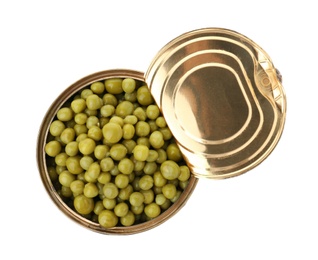 Photo of Tin can with conserved peas on white background, top view