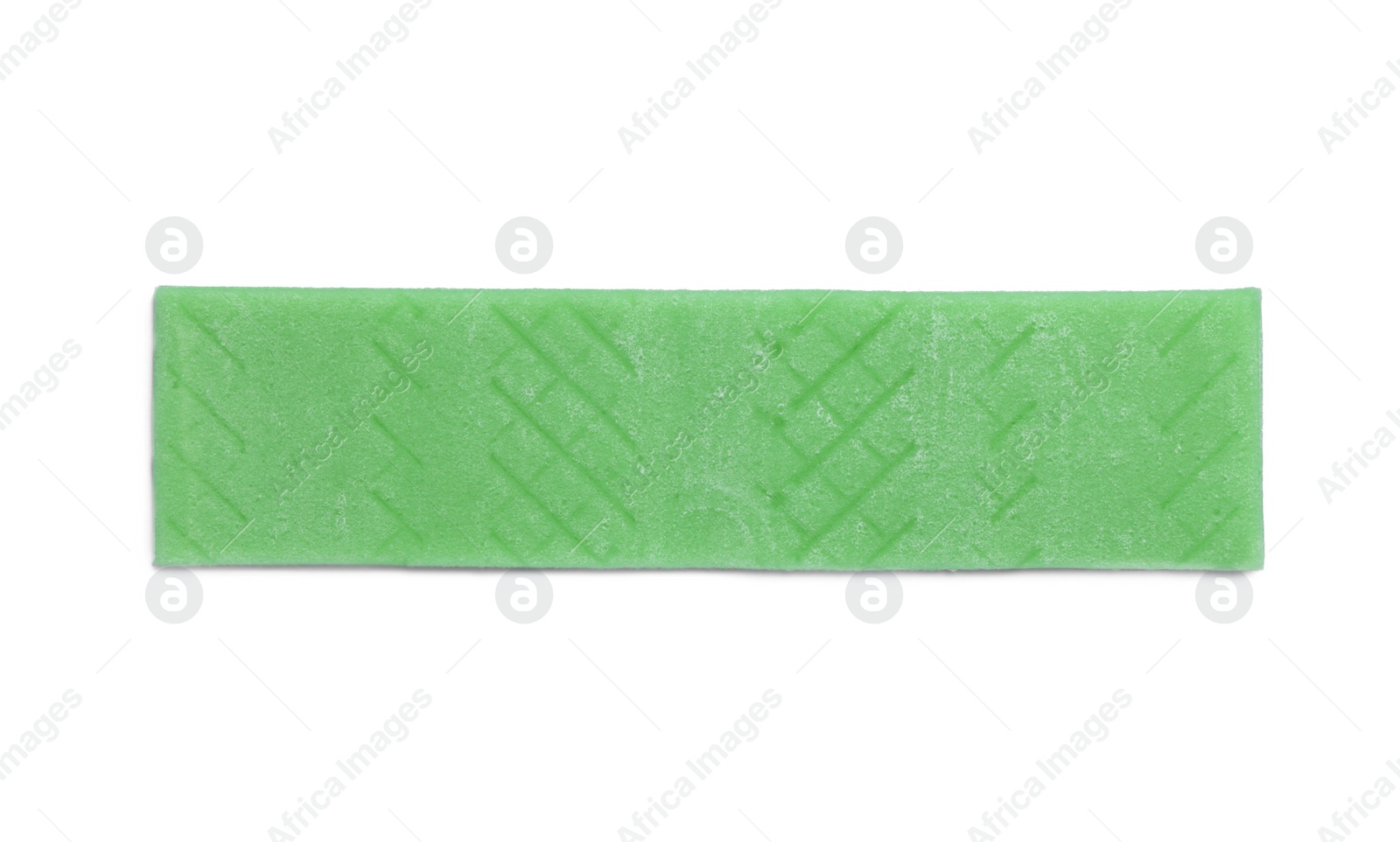 Photo of Stick of tasty green bubble gum isolated on white, top view