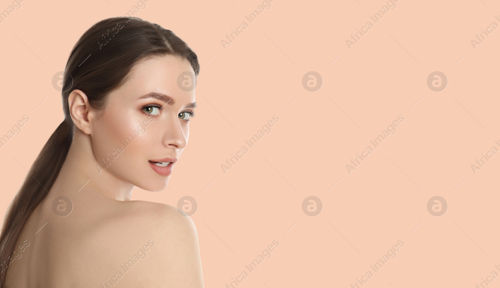 Image of Young woman with beautiful face on light background, space for text. Banner design