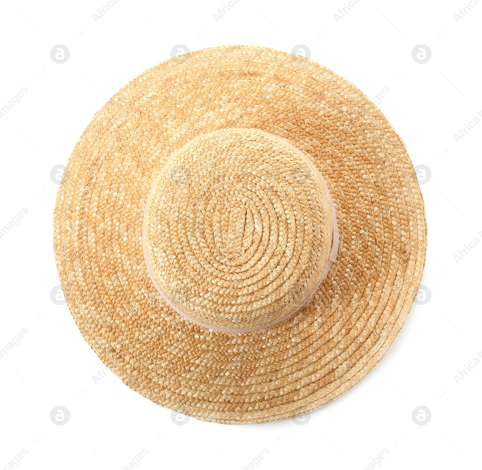 Photo of Stylish straw hat isolated on white, top view