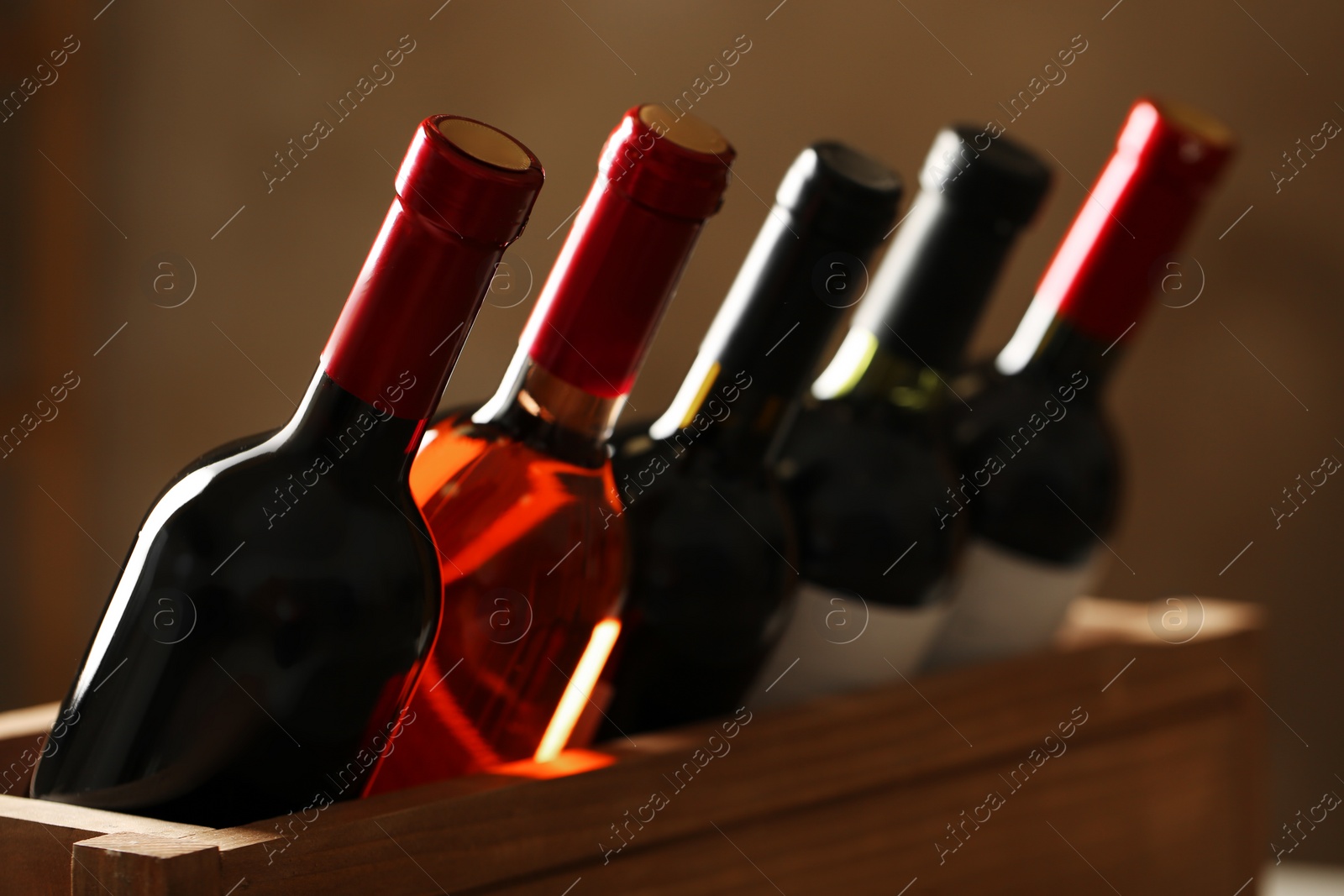 Photo of Bottles of different wines, closeup. Expensive collection