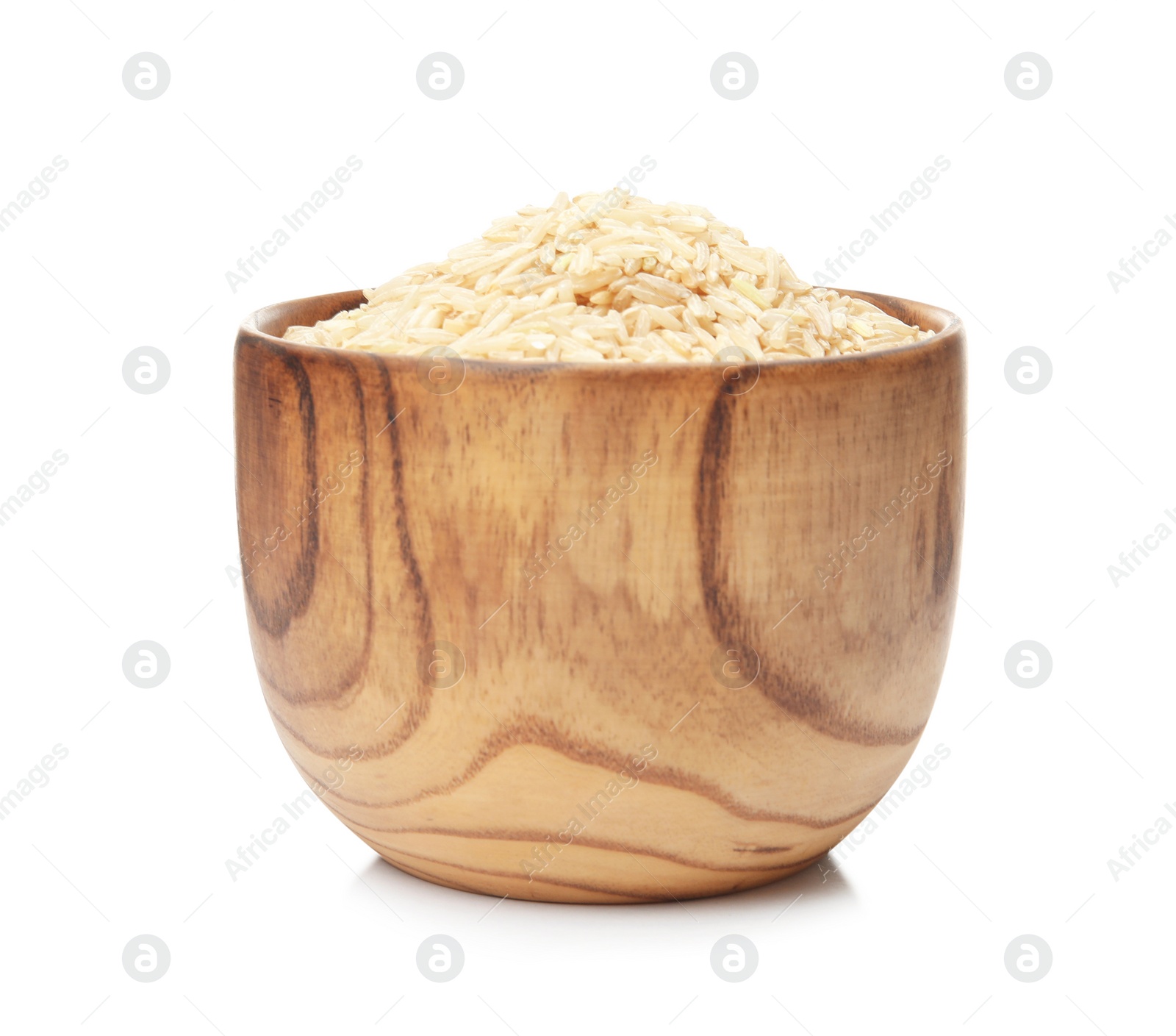 Photo of Bowl with raw unpolished rice on white background