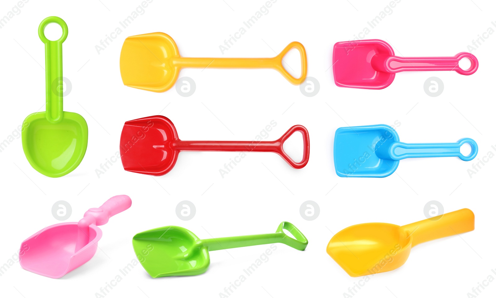 Image of Different bright plastic toy shovels on white background, collage 