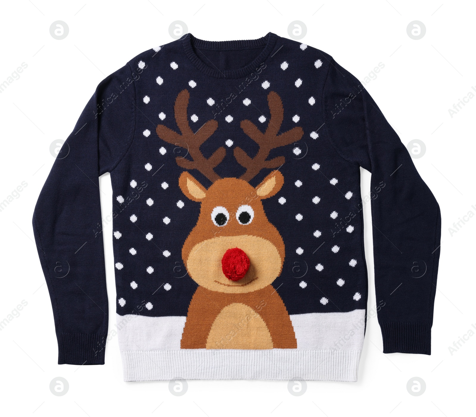 Photo of Dark blue Christmas sweater with reindeer isolated on white, top view