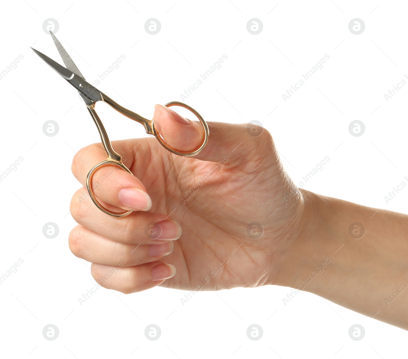 Photo of Woman holding sewing scissors isolated on white, closeup