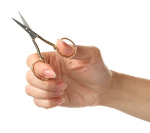 Woman holding sewing scissors isolated on white, closeup