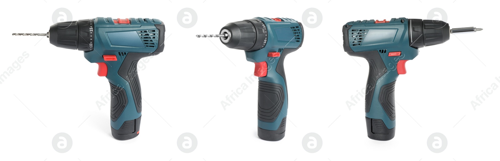 Image of Set of modern electric drills on white background, banner design