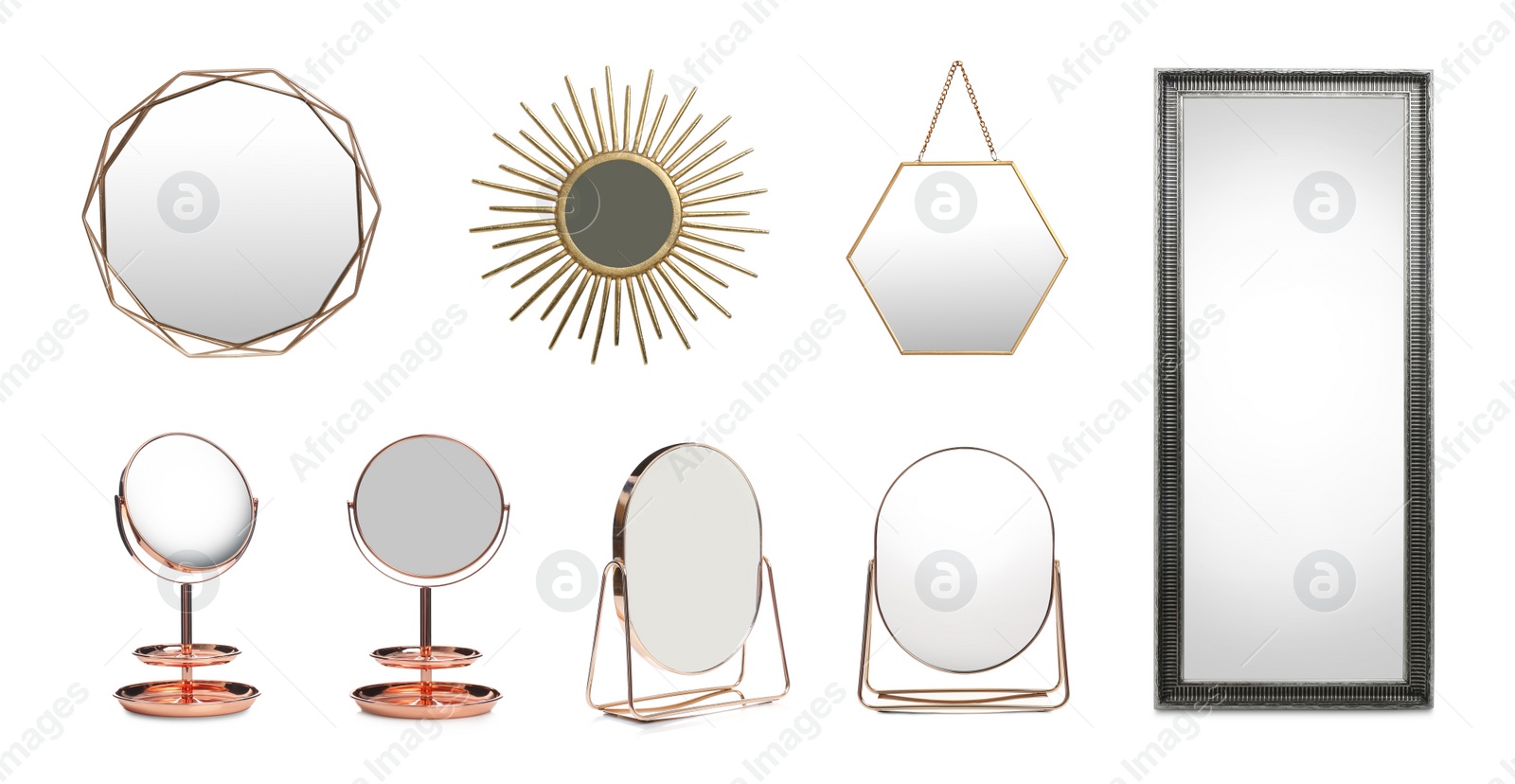 Image of Set of different stylish mirrors on white background