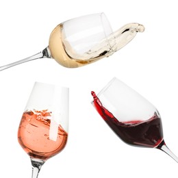 Image of Different types of wine splashing in glasses on white background