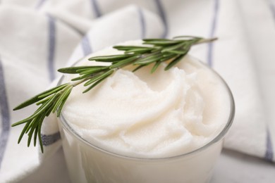 Delicious pork lard with rosemary in glass, closeup