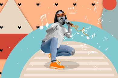 Image of Creative collage for performance poster with woman singing on bright background