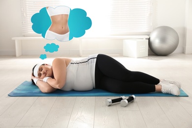 Image of Overweight woman seeing dreams about slim body while sleeping instead of training. Weight loss concept