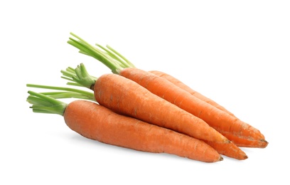 Photo of Fresh ripe carrots on white background. Wholesome vegetable