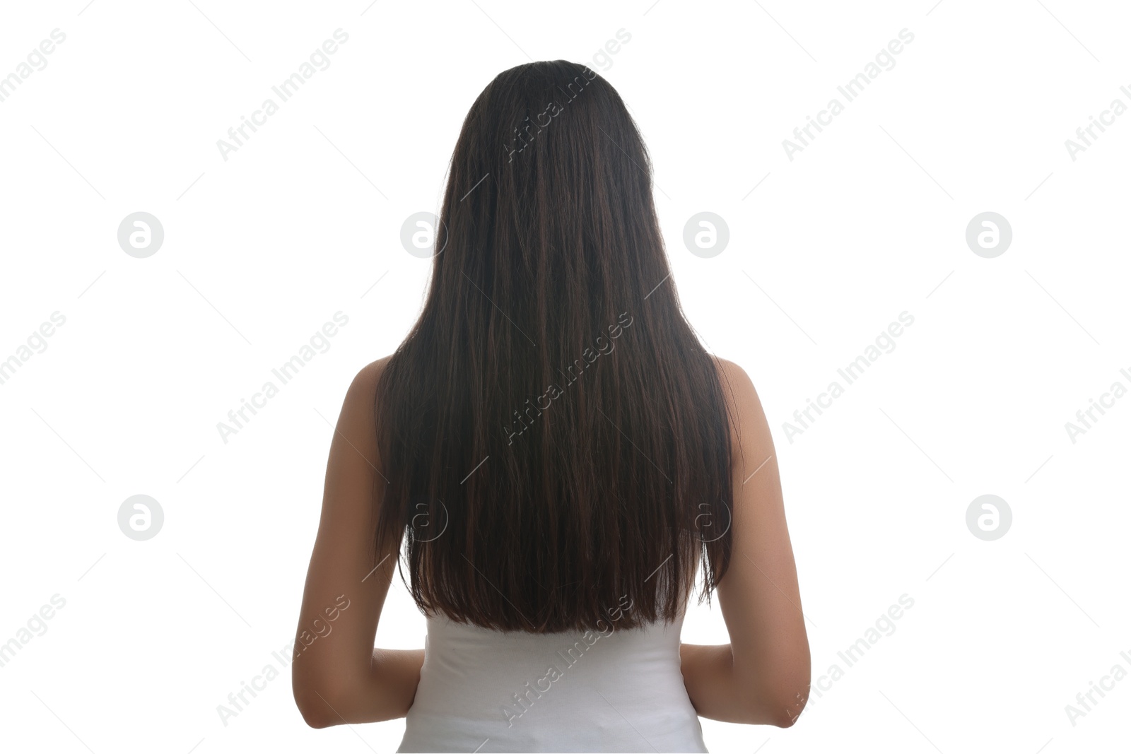 Photo of Woman with damaged hair on white background, back view