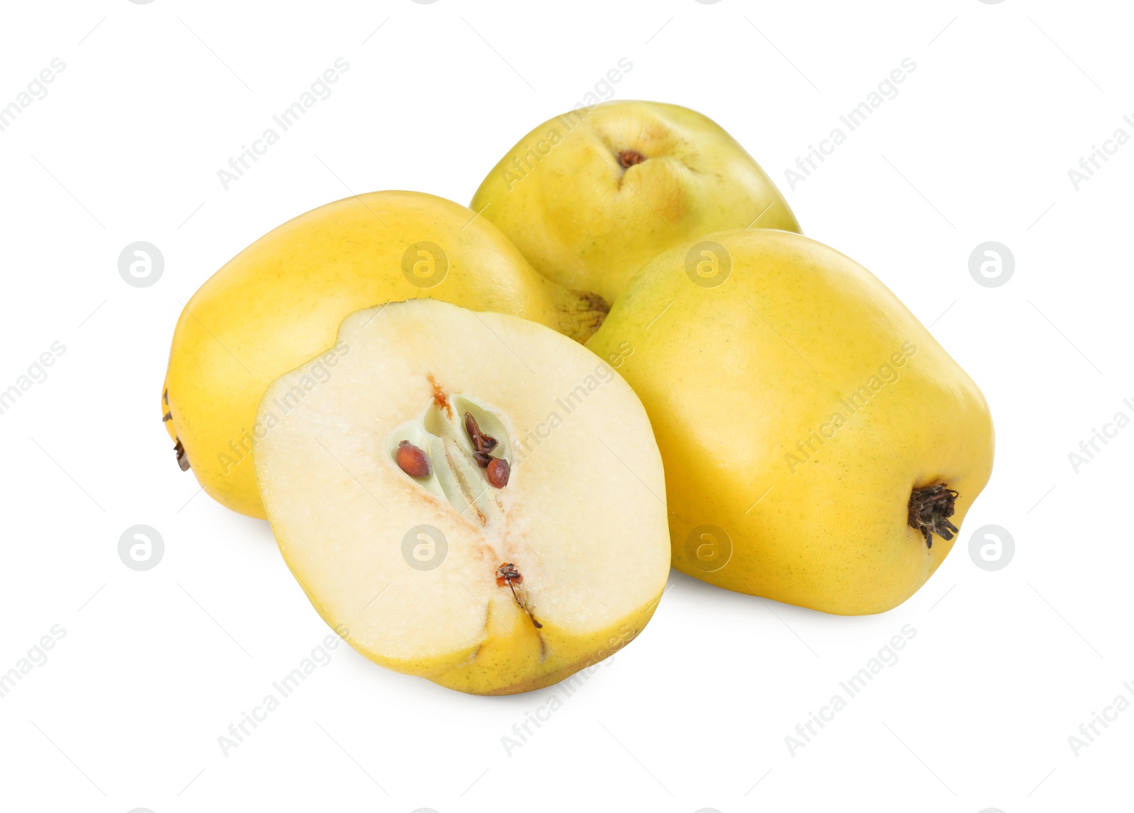 Photo of Ripe whole and cut quinces isolated on white