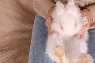 Photo of Woman with fluffy white rabbit, top view and space for text. Cute pet