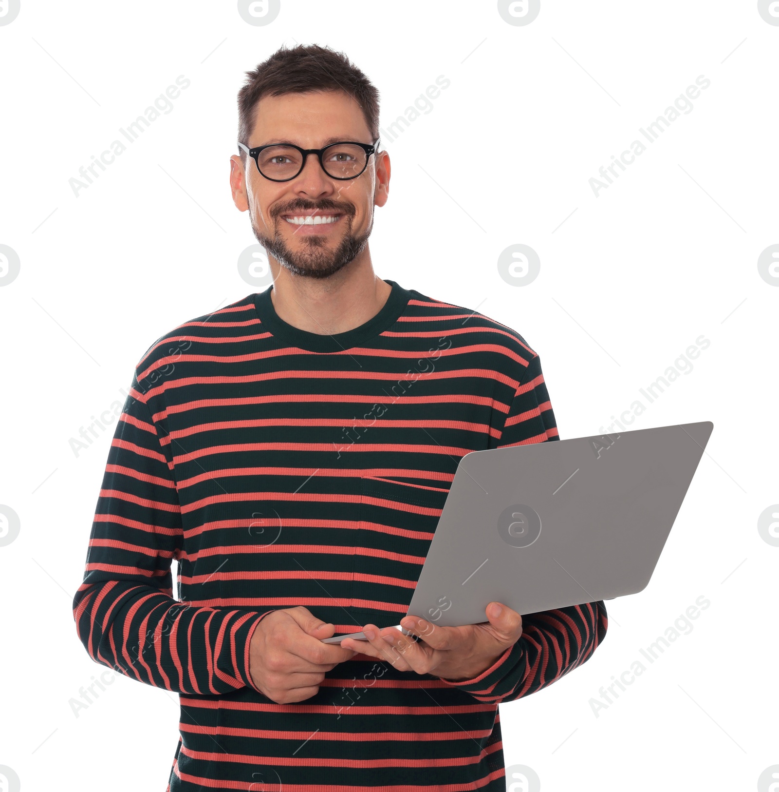 Photo of Smiling man with laptop on white background