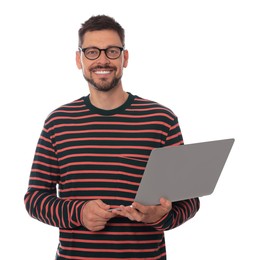 Smiling man with laptop on white background