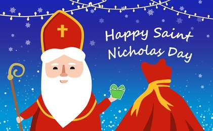 Illustration of Saint Nicholas with bag on blue background, illustration. Greeting card design