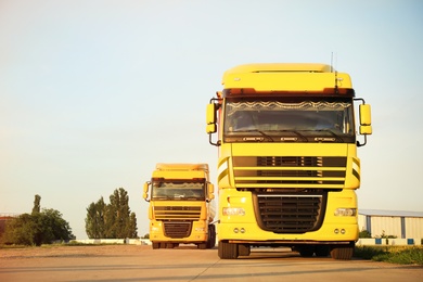 Photo of Modern yellow trucks on country road. Space for text