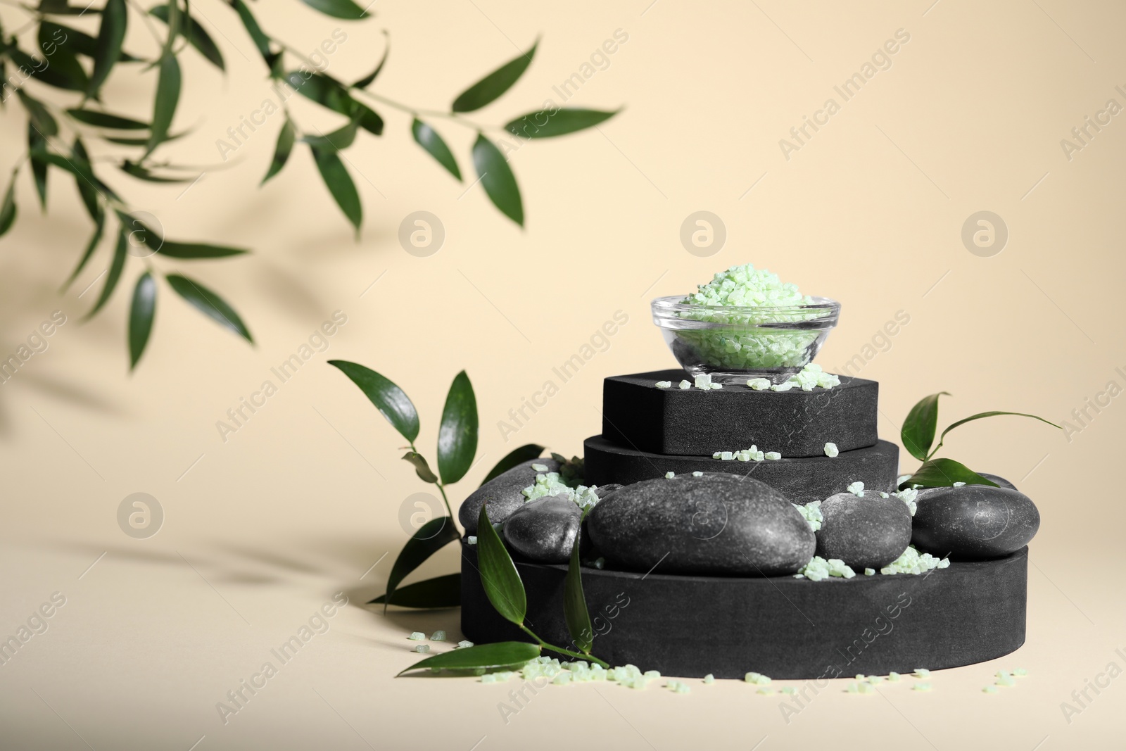 Photo of Stylish presentation of sea salt and spa stones on beige background. Space for text