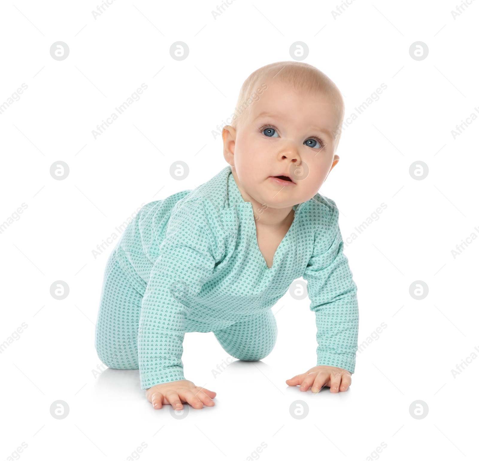 Photo of Cute little baby crawling on white background