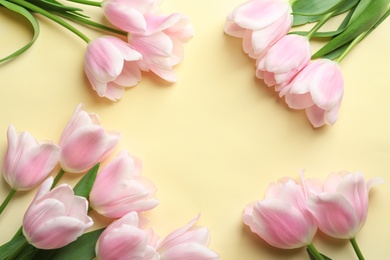 Photo of Beautiful composition with tulips for Mother's Day on color background