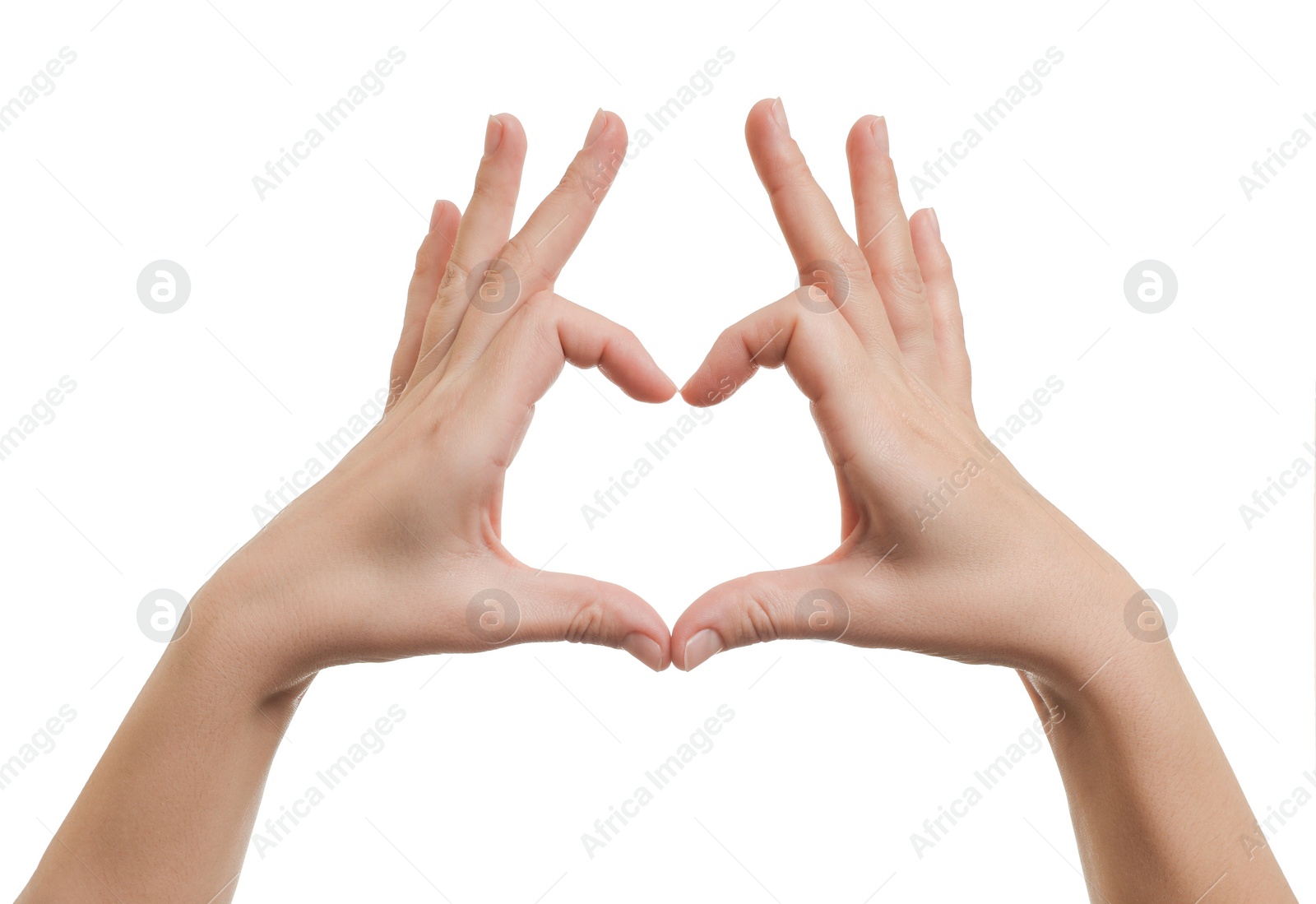 Photo of Woman making heart with hands on white background, closeup