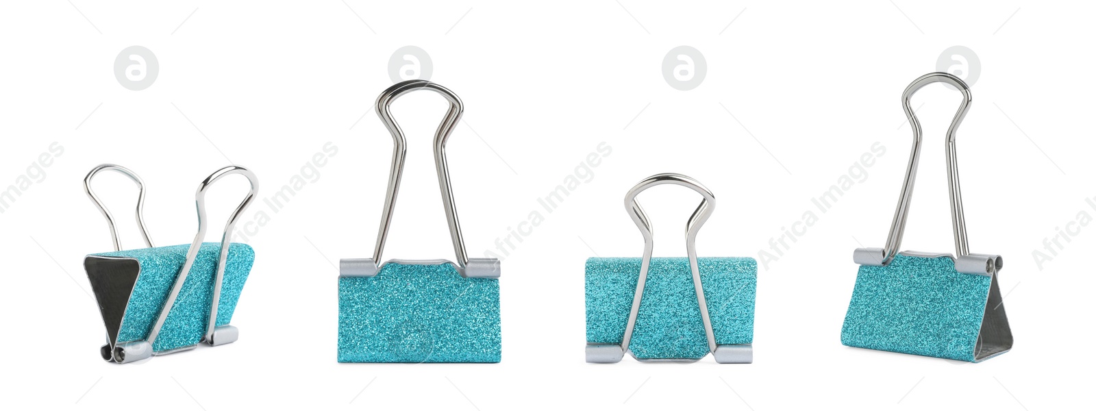 Image of Set with light blue binder clips on white background. Banner design