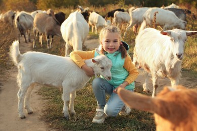 Photo of Farm animal. Cute little girl hugging goatling on pasture