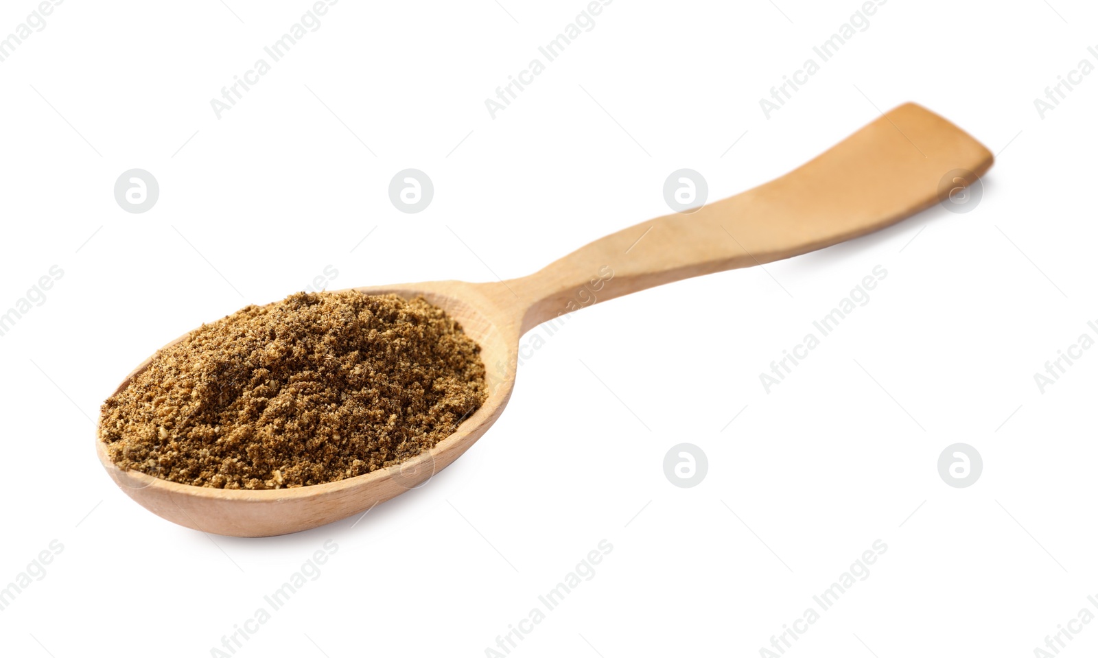 Photo of Spoon of aromatic caraway (Persian cumin) powder isolated on white