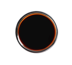 Photo of Traditional soy sauce in bowl on white background, top view