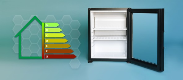 Image of Energy efficiency rating label and refrigerator on gradient color background, banner design