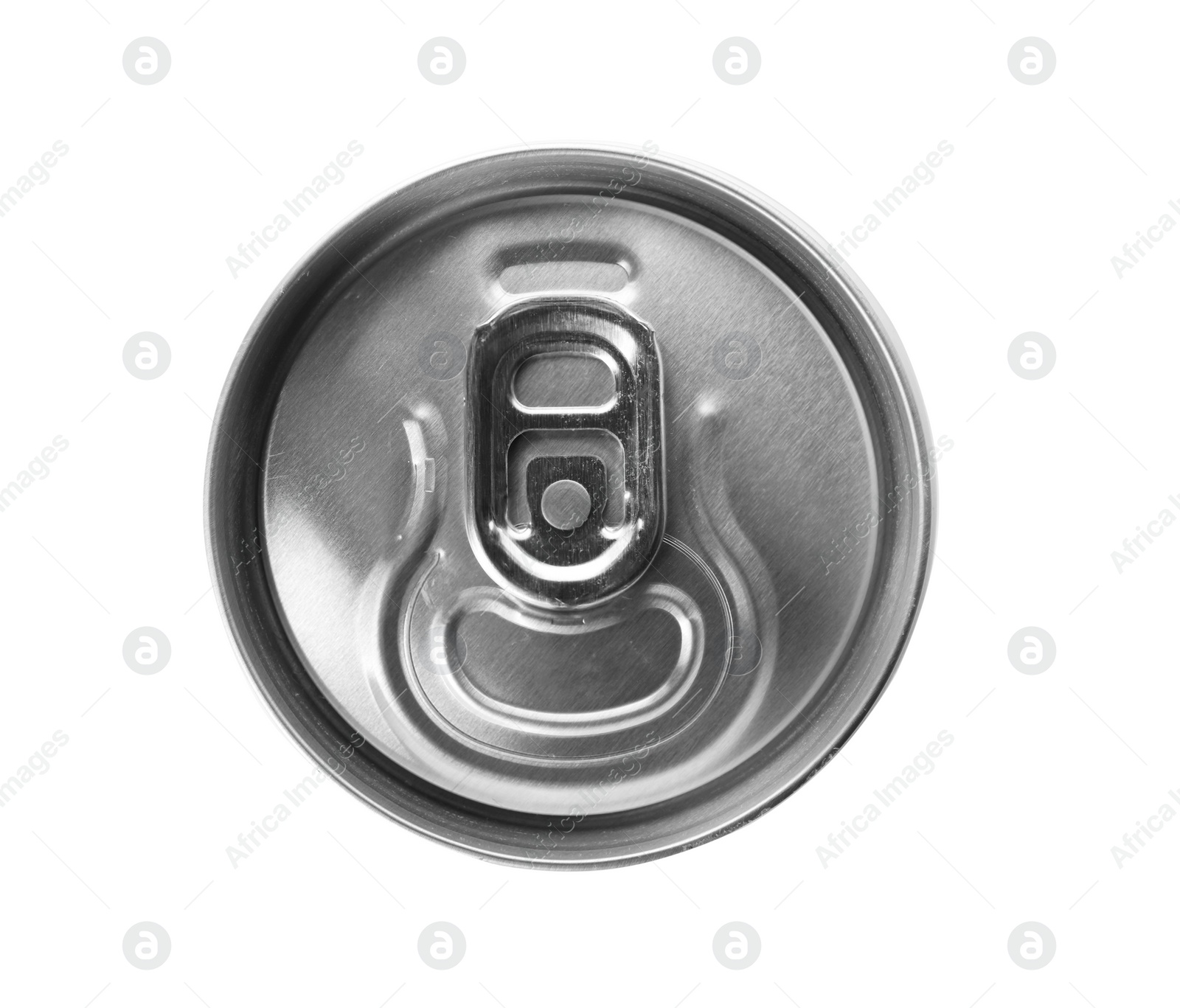 Photo of Top view of aluminum can with beverage on white background