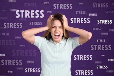 Stressed young woman and text on violet background